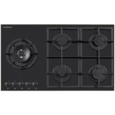 NordMende HGX904BGL 90cm Gas Hob with Cast Iron Pan Supports and Side Wok Burner Black Glass
